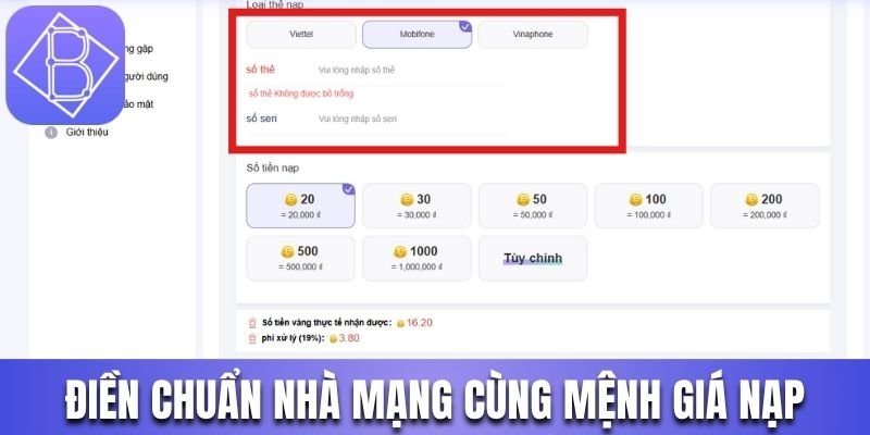 Điền chuẩn nhà mạng cùng mệnh giá nạp