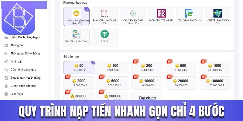 Quy trình nạp tiền đơn giản và nhanh gọn chỉ 4 bước